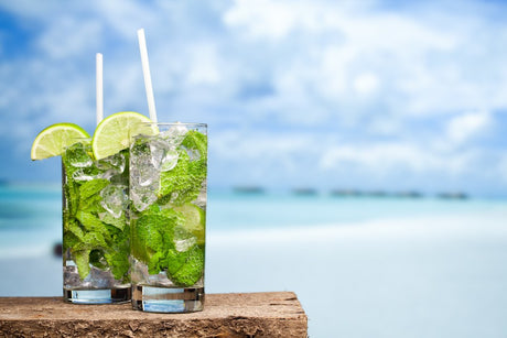 Zwei Mojito-Cocktails mit Minze, Limette und Eis vor tropischer Meereskulisse.