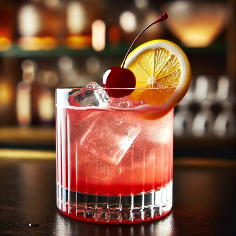 Roter Grenadine Virgin Sour Cocktail mit Eis, Zitronenscheibe und Kirsche im Rocks-Glas.