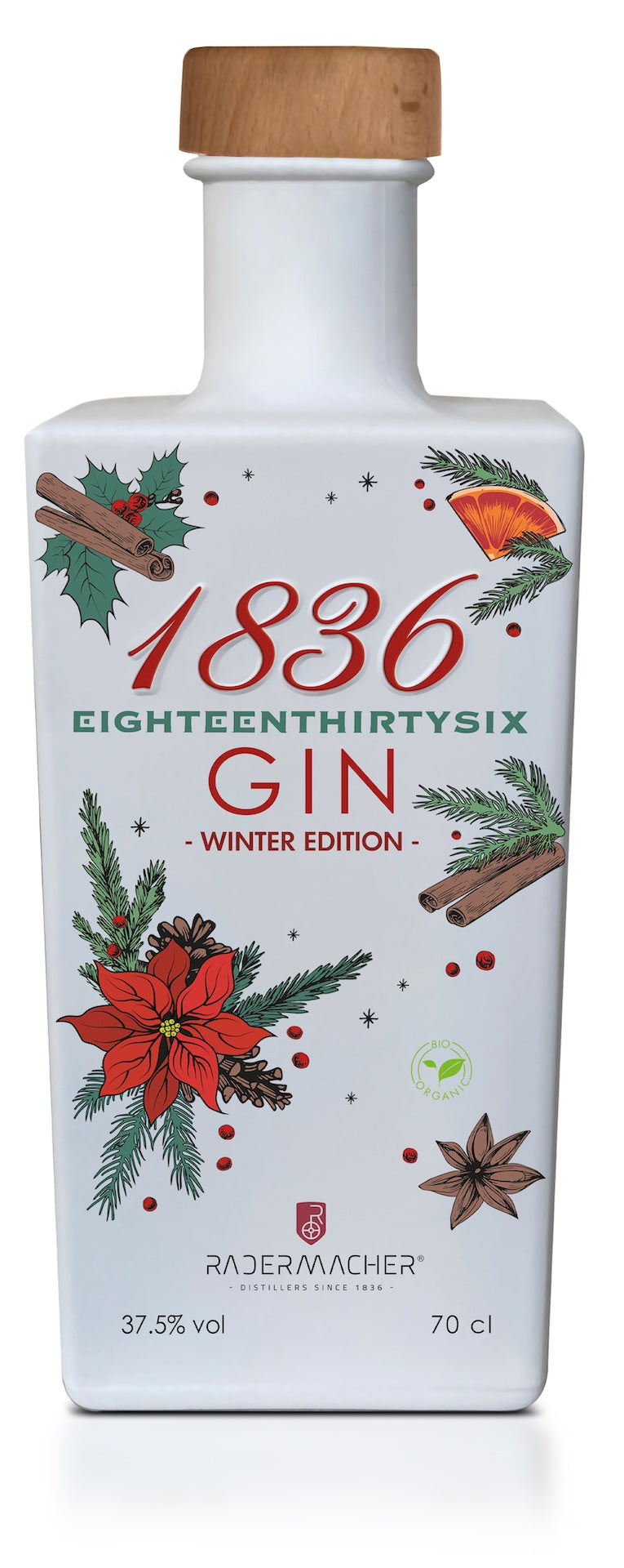 Weiße rechteckige 1836 Gin Winteredition mit Holzverschluss sowie winterlicher Illustration aus Gewürzen, Beeren und Orangenscheiben.