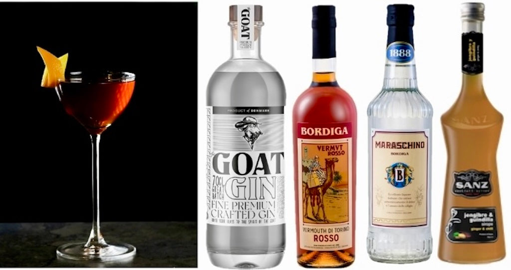 ADA Aperitif-Cocktail-Set mit Cocktail im Glas, Gin, rotem Wermut, Maraschino Likör und Ginger & Chili Sirup nebeneinander gestellt.