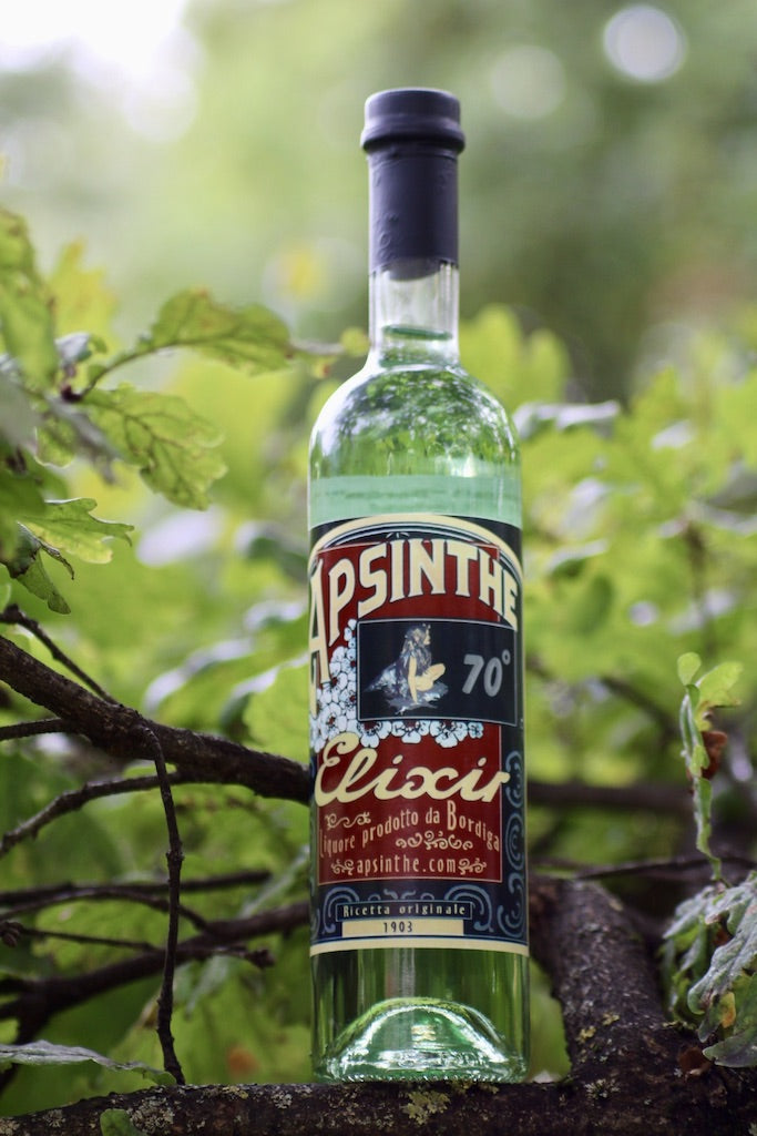 Grüne Flasche Apsinthe Elixir von Bordiga mit rotem Etikett, goldener Schrift und 70 % Vol., platziert auf einem Ast zwischen grünen Blättern.