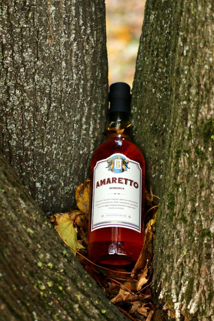 Flasche Amaretto Bordiga zwischen zwei Baumstämmen auf herbstlichem Laub im Wald platziert.