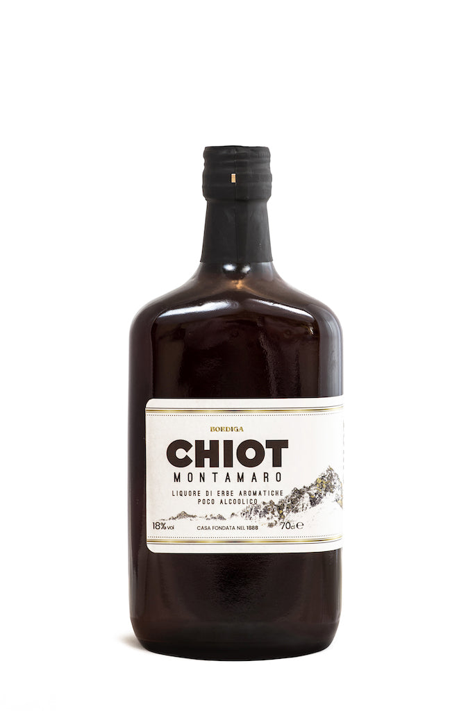 Flasche Chiot Montamaro von Bordiga mit weißem Etikett und stilisierter Bergillustration, italienischer Kräuterlikör.