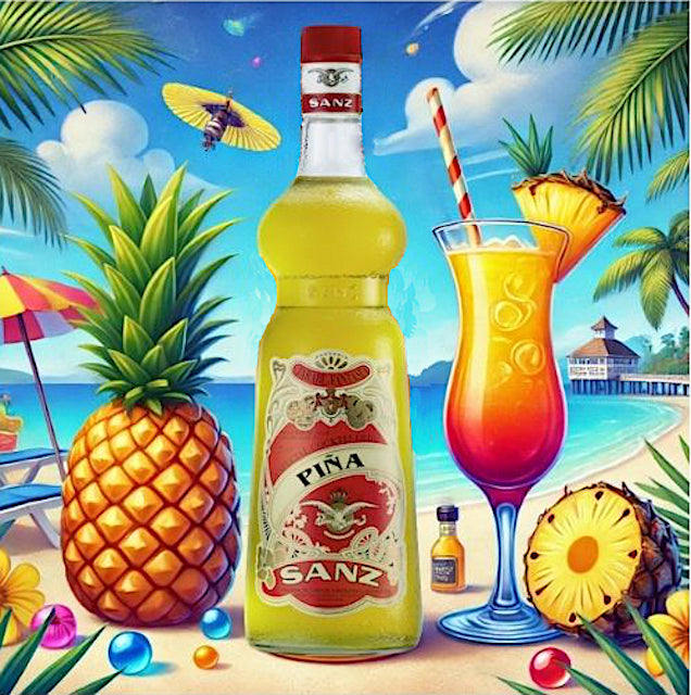 Flasche Ananas-Sirup Sanz vor tropischem Strandmotiv mit Ananas, Cocktailglas, Palmen und bunten Dekorationen.