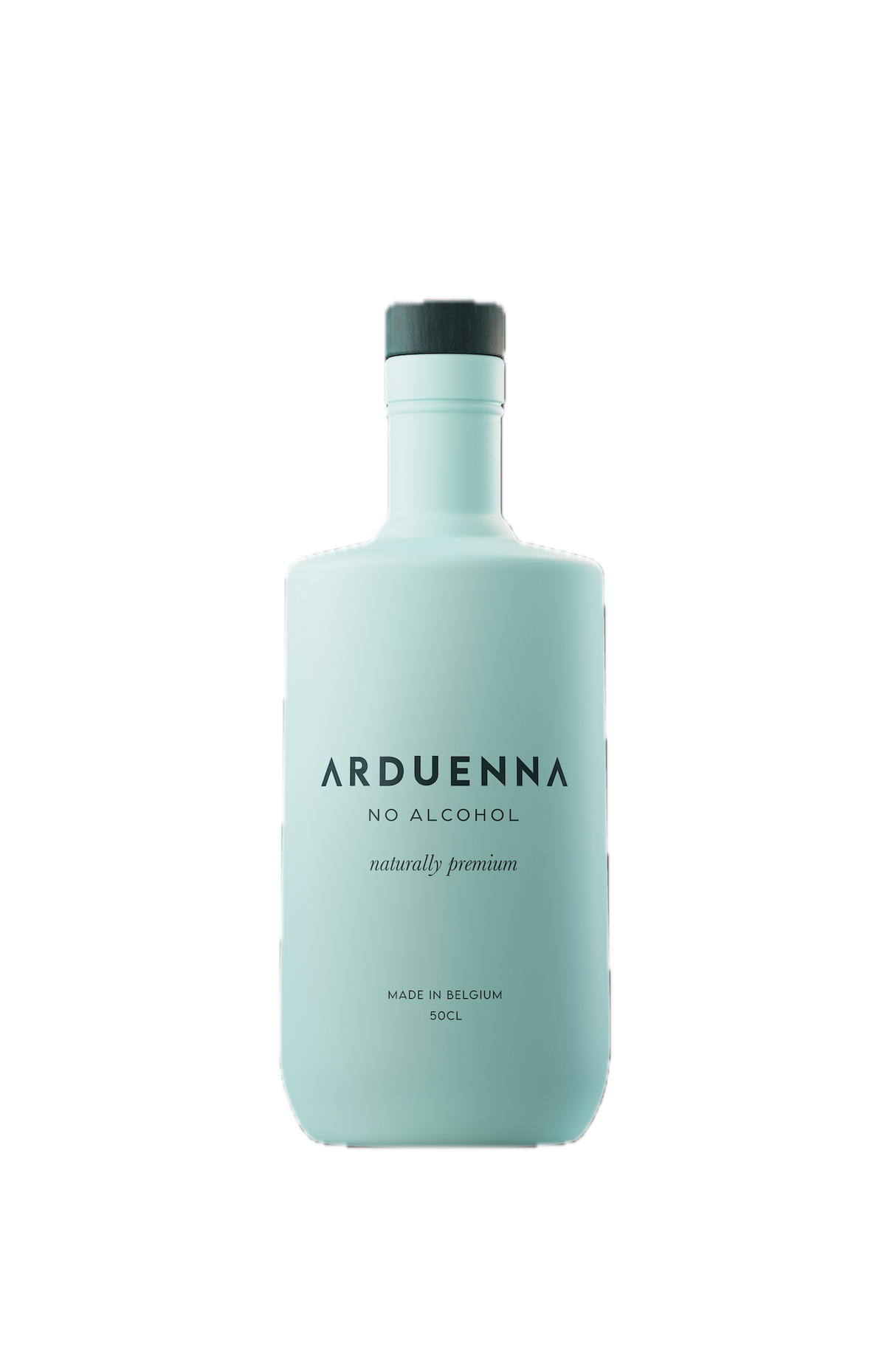Flasche Arduenna No Alcohol Gin-Alternative 0,5 l in mattem Hellblau mit schwarzem Deckel vor neutralem Hintergrund