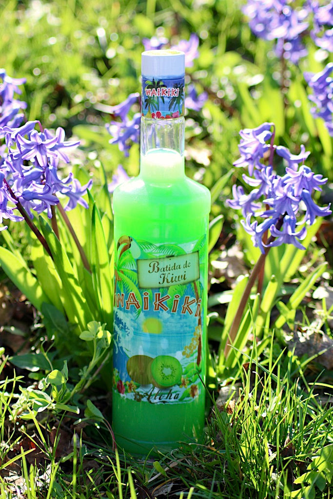Flasche Batida de Kiwi Waikiki mit tropischem Etikett, umgeben von lila Frühlingsblumen im Gras