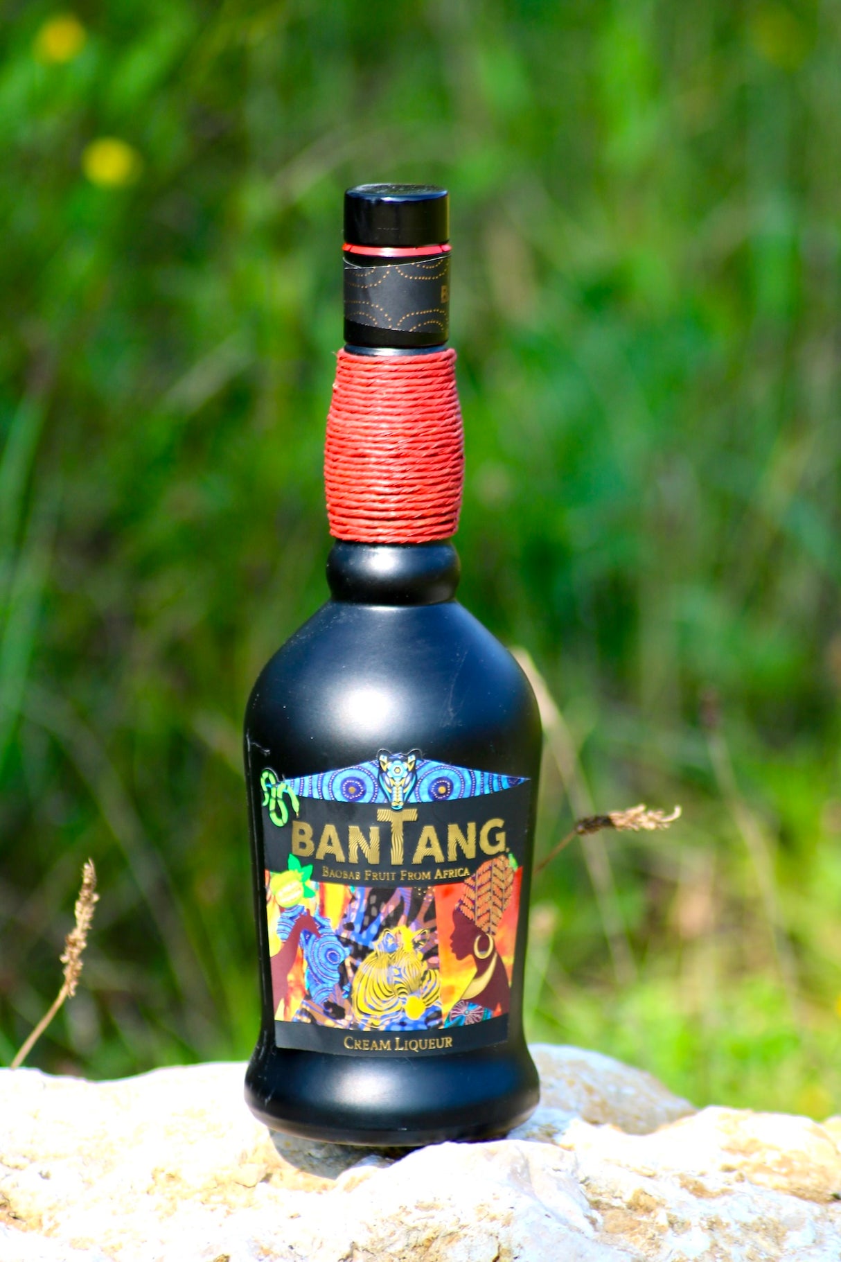 Bantang Sahnelikör Flasche mit rotem Halsband auf hellem Stein vor grünem Naturhintergrund