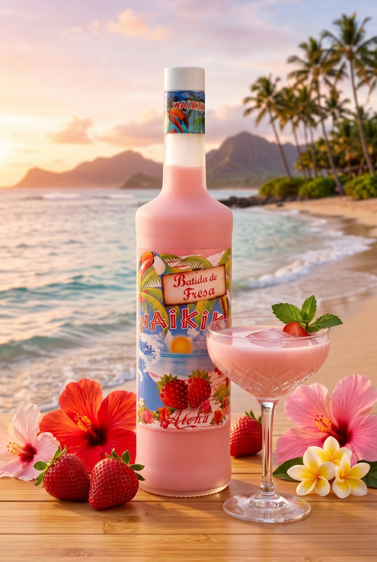 Waikiki Batida Fresa Flasche am hawaiianischen Strand bei Sonnenuntergang mit Hibiskusblüten und Erdbeeren.