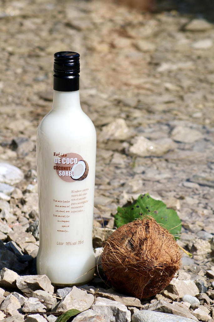 Batida de Coco "Sorel" mit Kokosnuss am See