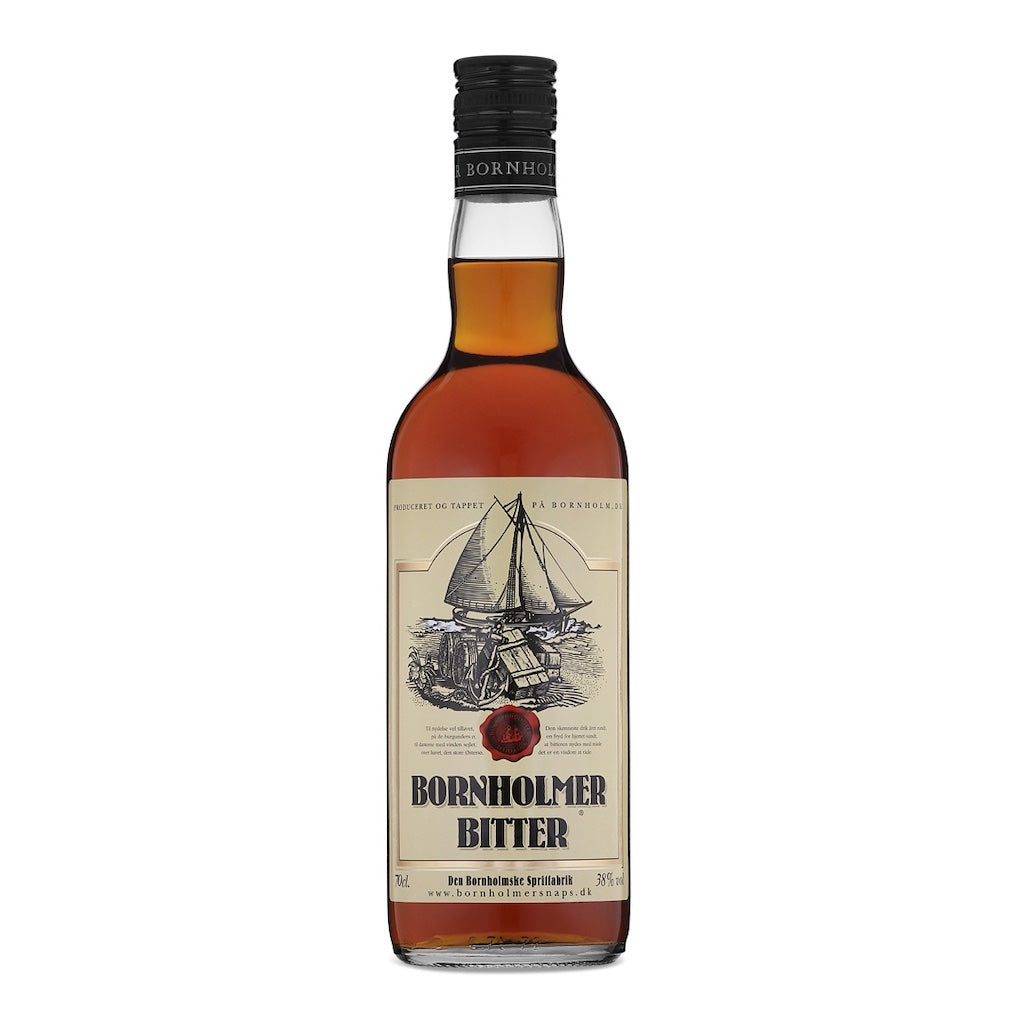 Bornholmer Bitter Flasche, dänischer Kräuterlikör mit traditionellem Etikett und Segelboot-Illustration, 70 cl.