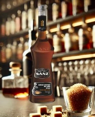 Flasche Sanz Brauner Rohrzucker Sirup auf einer Bartheke, umgeben von braunen Zuckerstücken und Gläsern im Hintergrund.