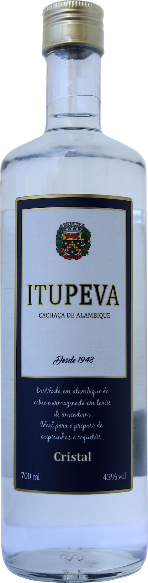 Flasche Cachaça Itupeva Cristal 700 ml mit silbernem Verschluss und blauem Etikett auf weißem Hintergrund