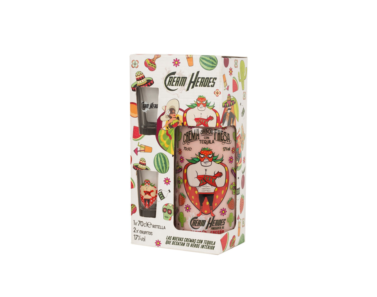 Geschenkverpackung des Capitán Fresón Tequila Likörs mit Erdbeeren und Sahne, enthält eine Flasche und zwei Gläser,.