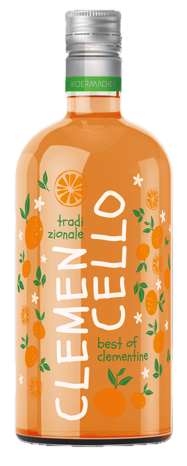 Orangefarbene Clemencello Likörflasche mit silbernem Deckel. Das Etikett zeigt "Clemencello" und "best of clementine".