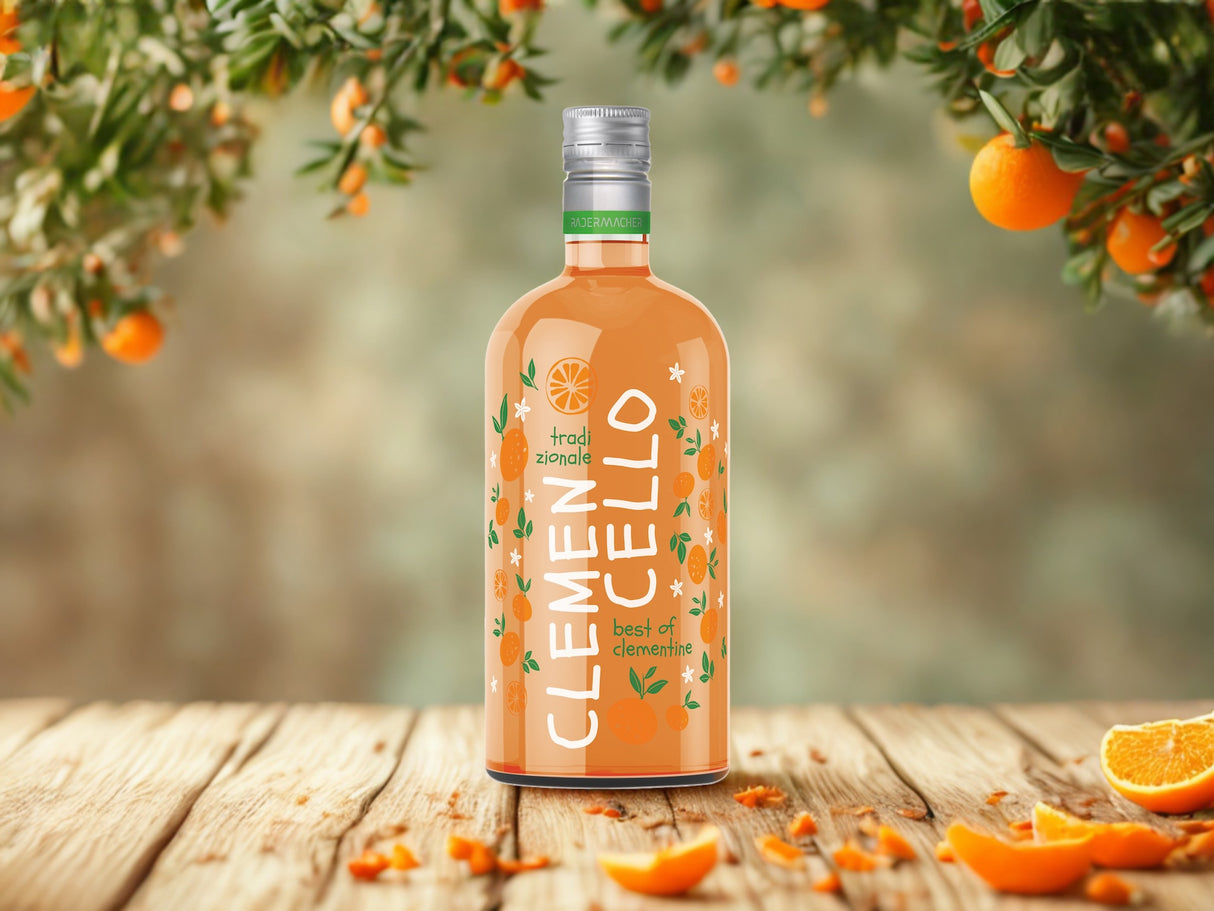 Clemencello Likörflasche auf Holztisch mit Clementinenstücken, umgeben von Zweigen mit reifen Früchten