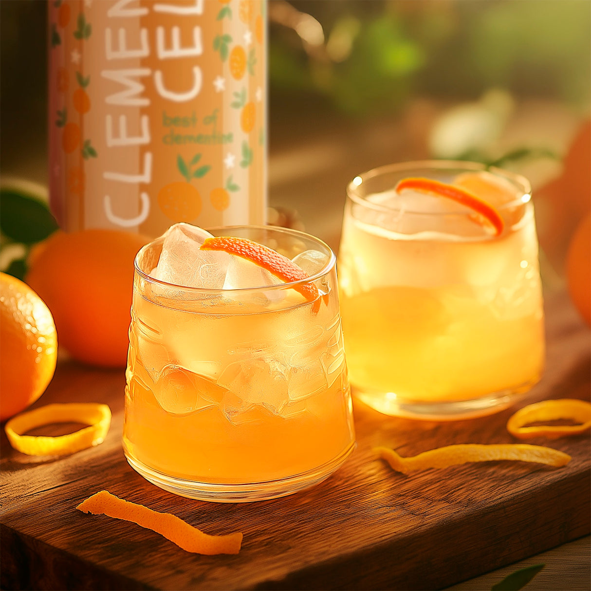 Zwei Gläser Clementinen-Cocktail mit Eis und Zeste, daneben Clemencello-Flasche und frische Clementinen