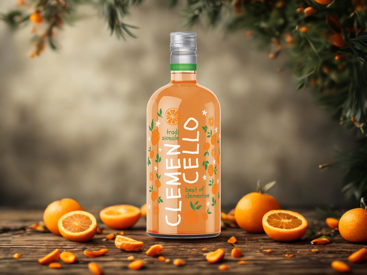 Clemencello Likörflasche auf Holztisch mit frischen Clementinen und dekorativen Zweigen im Hintergrund