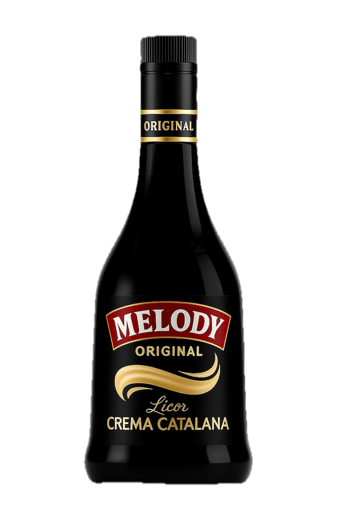 Crema Catalana Likör Melody Original in schwarzer Flasche mit rotem Etikett und goldener Schrift