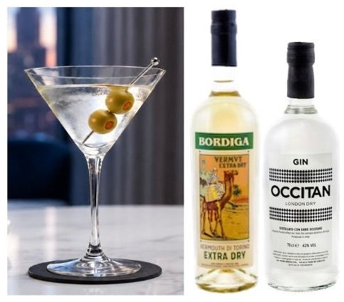 Dry Martini Cocktail-Set mit Bordiga Vermouth Extra Dry, Occitan Gin und serviertem Dry Martini.