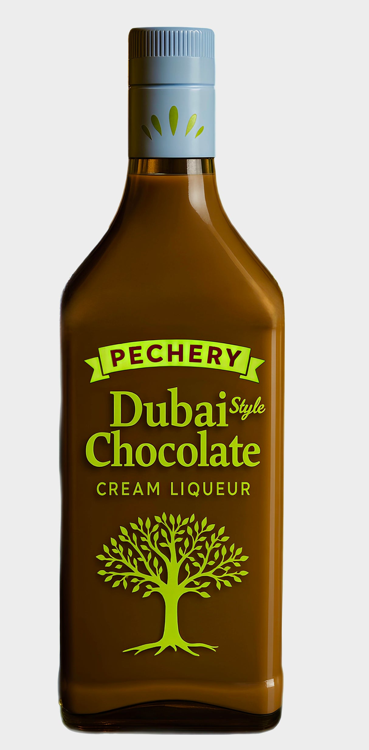Flasche Pechery Dubai Chocolate Cream Liqueur mit hellblauer Kapsel und Baum-Logo vor neutralem Hintergrund.