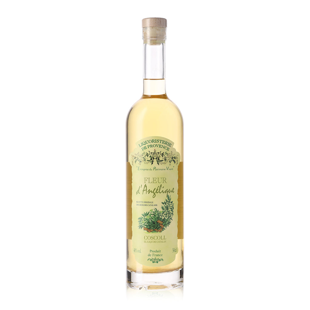 Engelwurz-Likör Fleur d'Angélique aus der Provence. 50 cl Flasche mit eleganter Aufschrift und natürlichen Kräuterakzenten.