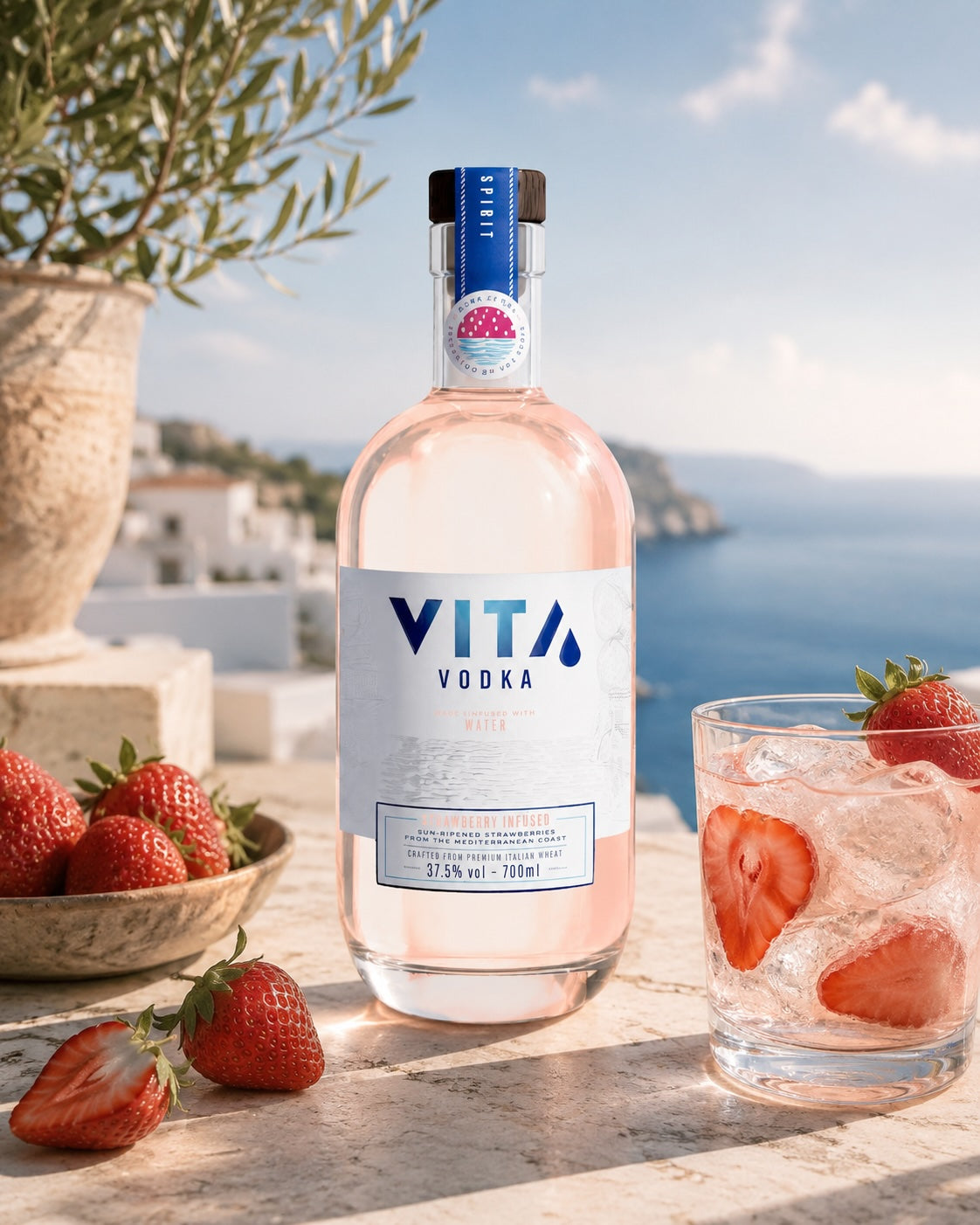Vita Erdbeere Wodka Flasche mit Erdbeeren und Drink vor mediterraner Küstenkulisse