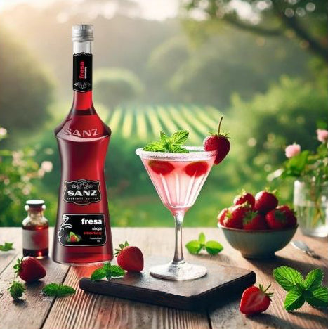 Erdbeersirup Sanz mit Cocktail, frischen Erdbeeren und Minze auf einem Holztisch