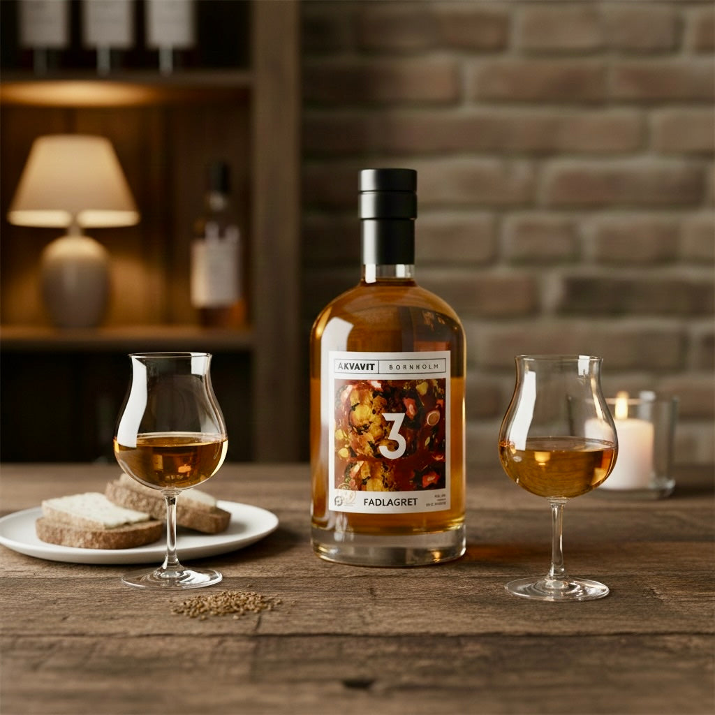 Bernsteinfarbener Akvavit "Fadlagret 3" von Bornholm in rustikaler Umgebung mit Brot und Gewürzen.