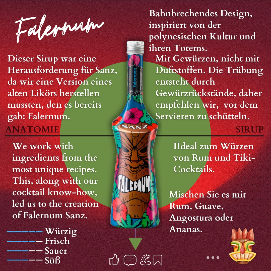Sanz Falernum Sirup mit bunter Flasche im Tiki-Stil, Beschreibung zur Würze, Anwendung mit Rum und polynesisch inspiriertem Design.