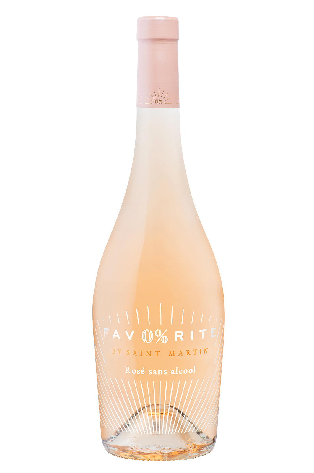 Flasche Fav0%rite Rosé sans alcool von Saint Martin mit hellroséfarbenem Inhalt und modernem Etikettendesign.