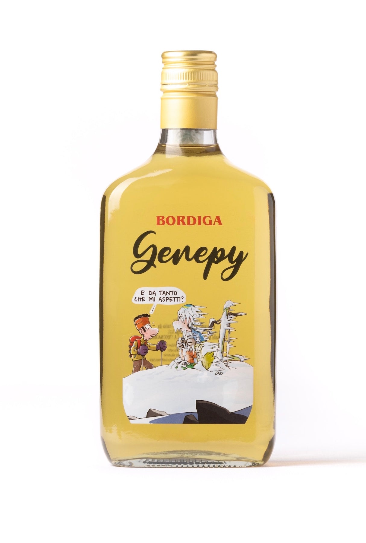 Flasche Genepy Ciao Likör von Bordiga mit gelbem Inhalt und humorvoller Illustration von Ciao Comix auf dem Etikett.