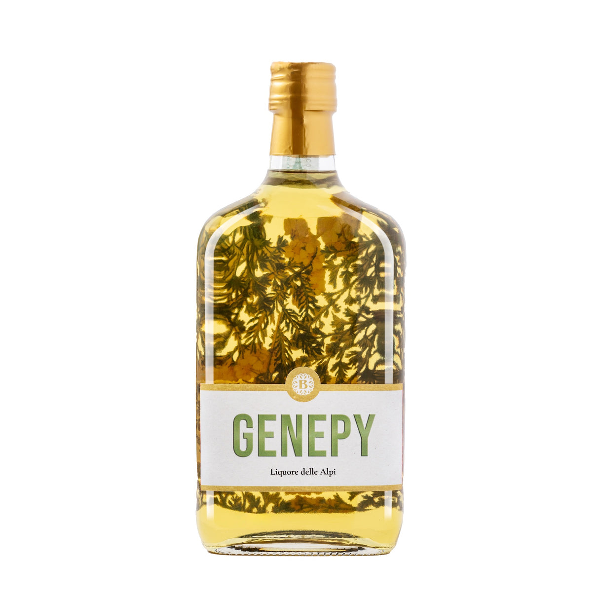 Flasche Genepy Fiori Bordiga, 700 ml, mit eingelegten alpinen Kräutern, goldgelber Likör und elegantem Etikett, italienischer Herkunft.