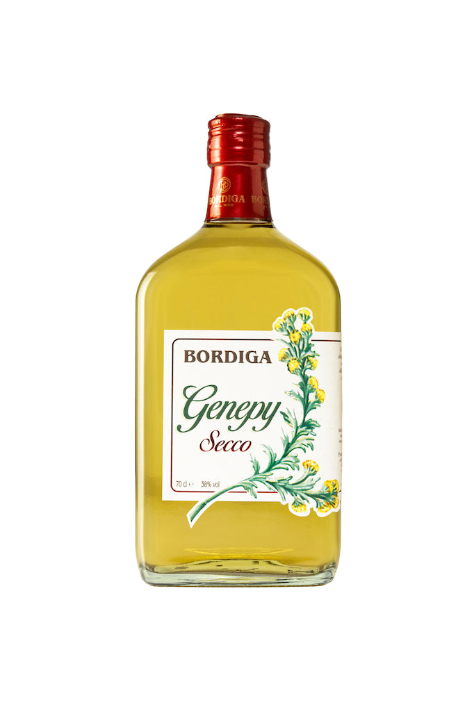 Flasche Genepy Secco von Bordiga, 70 cl, mit rotem Schraubverschluss und Etikett mit gelb blühendem Alpenkraut.