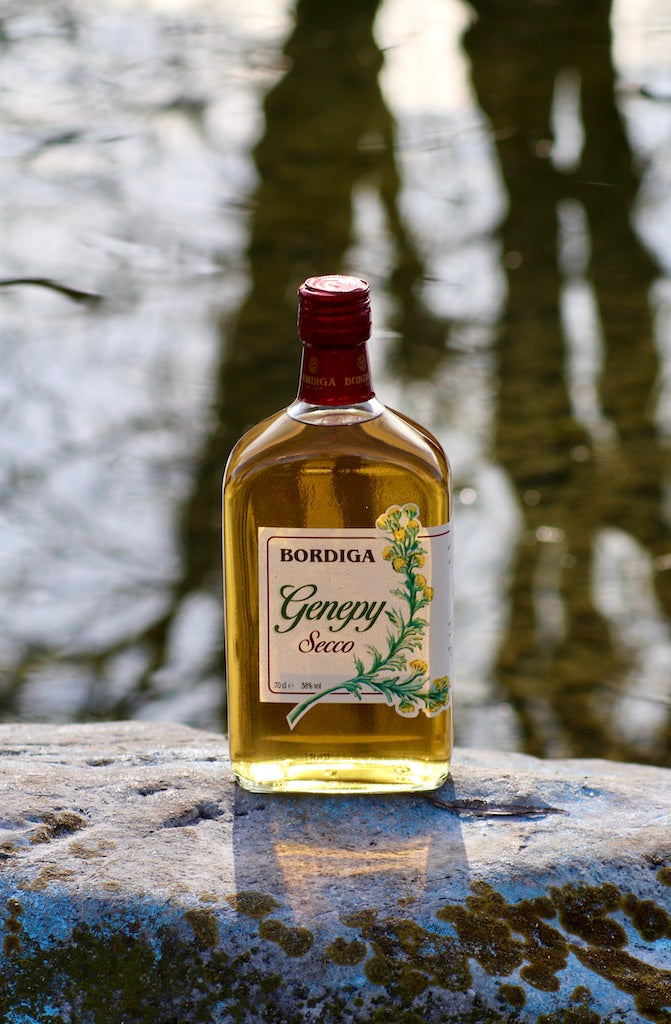 Flasche Genepy Secco von Bordiga mit rotem Schraubverschluss, auf Stein vor Wasseroberfläche stehend.