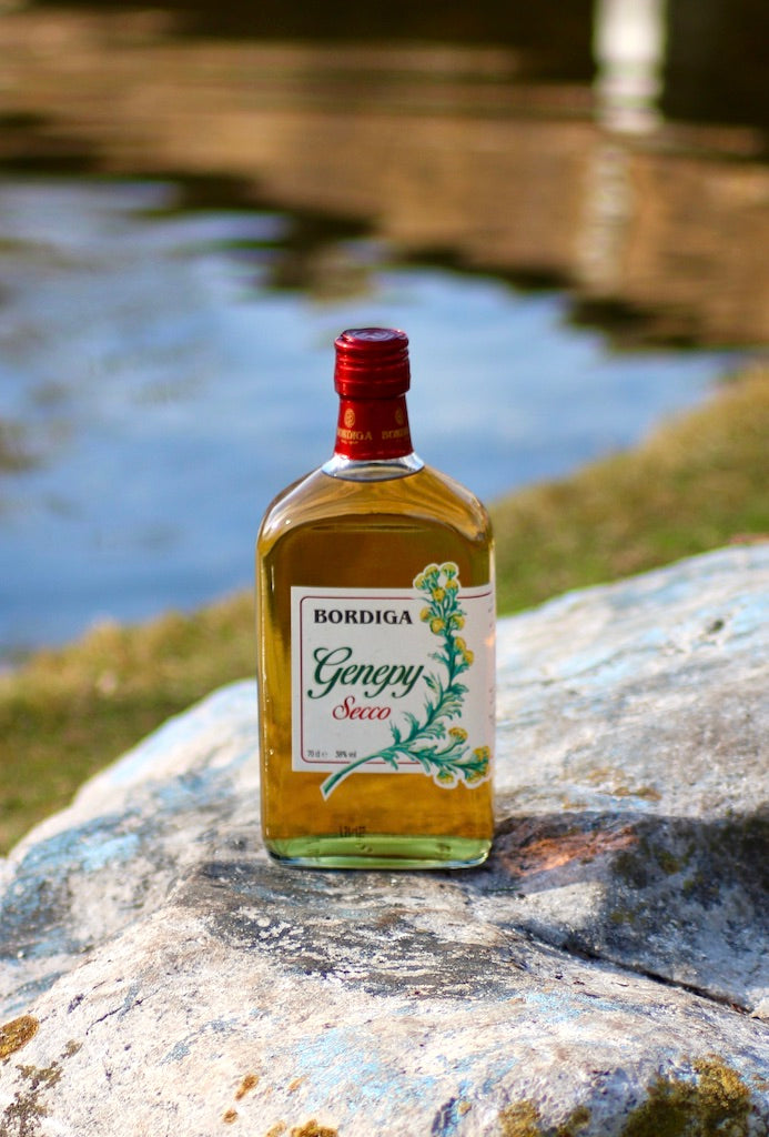 Flasche Genepy Secco von Bordiga auf einem Felsen, im Hintergrund spiegelndes Wasser