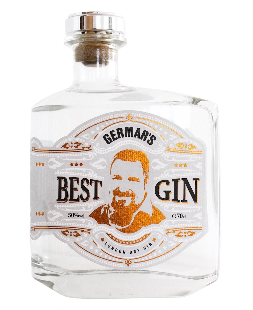 Germar's Best Gin, London Dry Gin in einer markanten Flasche mit weißem Etikett und orangefarbenen Akzenten, 50 % Vol.