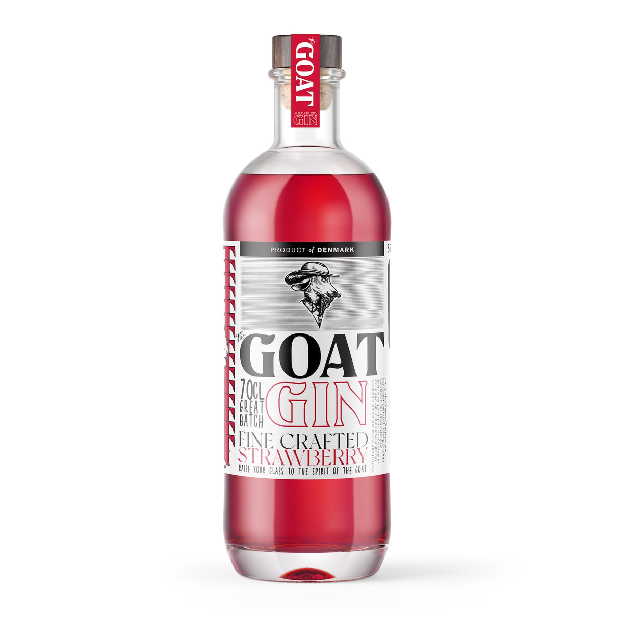 Eine Flasche The Goat Strawberry Gin mit roter Flüssigkeit und Etikett, darauf ein Ziegenlogo, vor weißem Hintergrund.