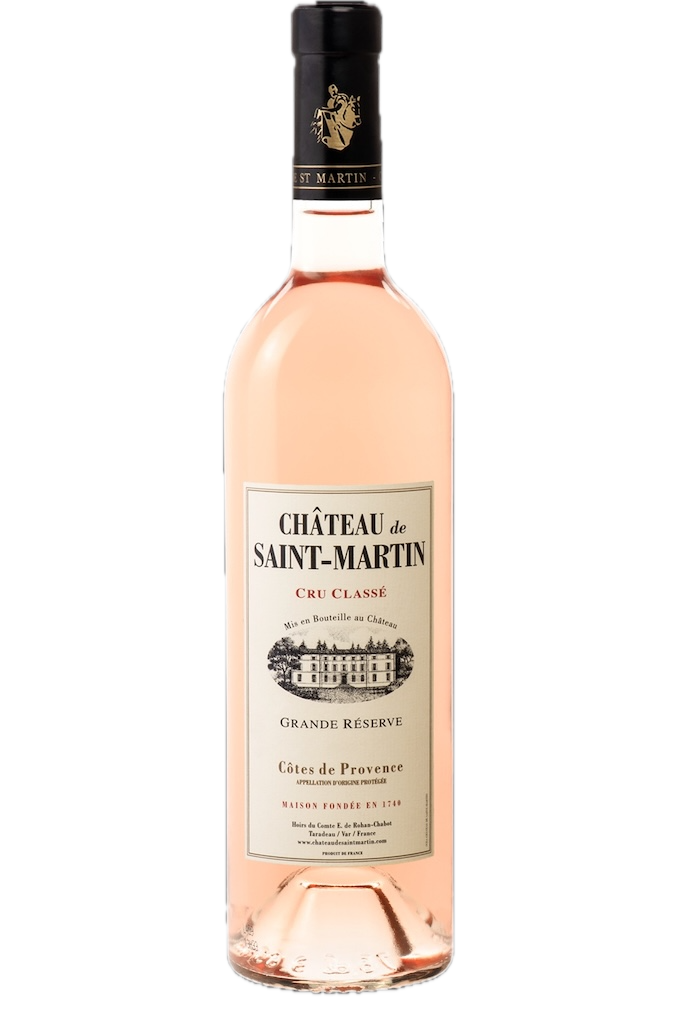 Flasche Château de Saint Martin Grande Réserve Rosé, Cru Classé, Côtes de Provence, mit hellrosa Farbe und hellem Etikett.