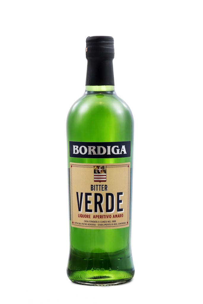 Flasche Bordiga Bitter Verde Likör Aperitivo Amaro mit grünem Glas und Etikett, ideal für Cocktails und Aperitifs.