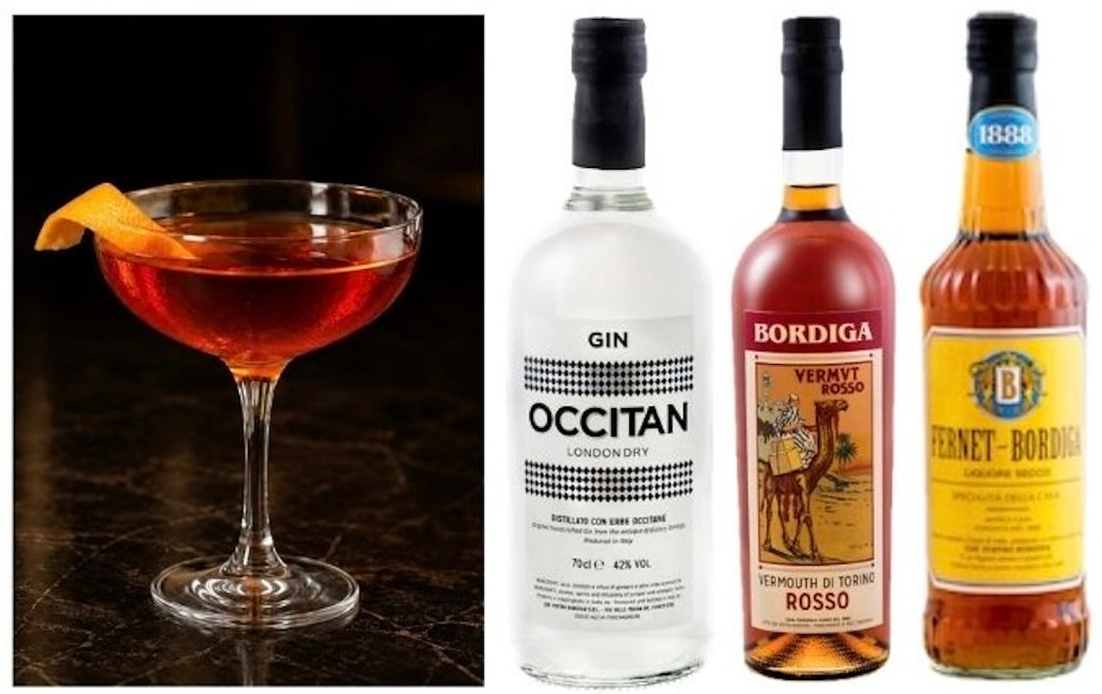 Hanky Panky Cocktail Set mit Cocktailglas, Occitan Gin, Vermouth Rosso und Fernet Bordiga