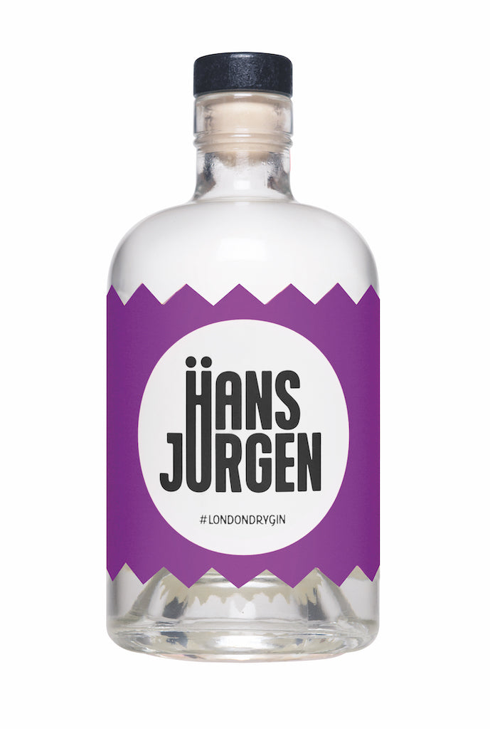 Hans-Jürgen Gin "Eiszeit" Flasche mit modernem Design und violettem Etikett, klarer London Dry Gin in minimalistischer Aufmachung.