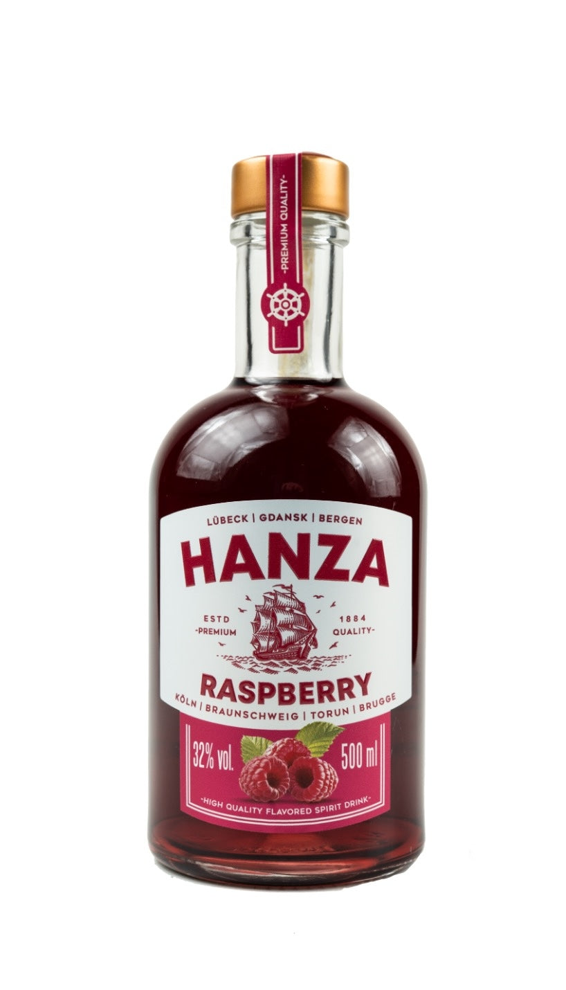 Rotbraune Hanza Himbeer-Spirituose (32% Vol, 500 ml). Etikett zeigt Himbeeren und ein Segelschiff der Hanse-Liga.