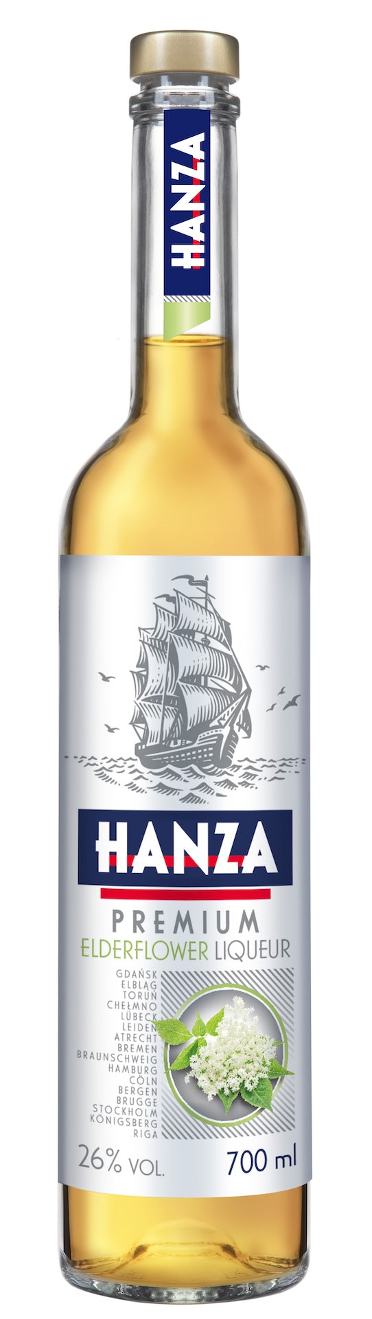 Hanza Holunderblütenlikör 700 ml – Flasche mit Segelschiff, Blütengrafik und Liste historischer Hansestädte