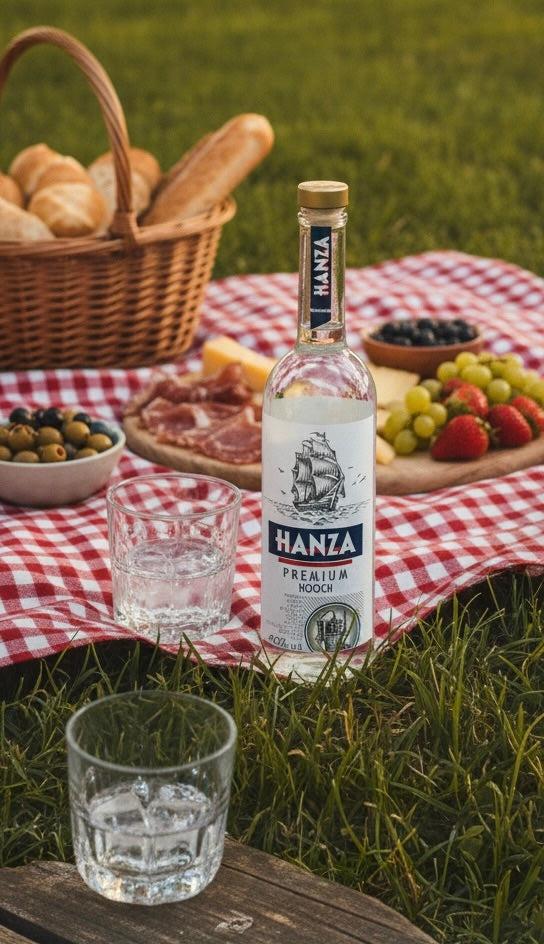 Hanza Hooch Vodka Flasche auf einer Picknickdecke, umgeben von Obst und Käse. Sonnige, entspannte Atmosphäre.