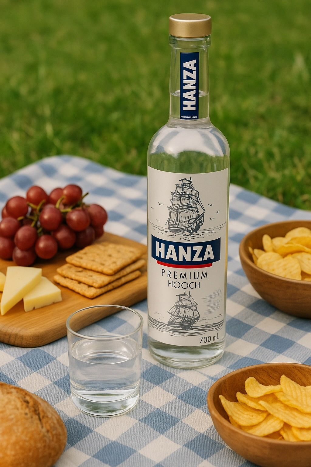 Flasche Hanza Hooch Vodka auf blau-weißem Picknicktuch mit Glas, Käse, Crackern, Trauben, Chips und Brot auf grüner Wiese.