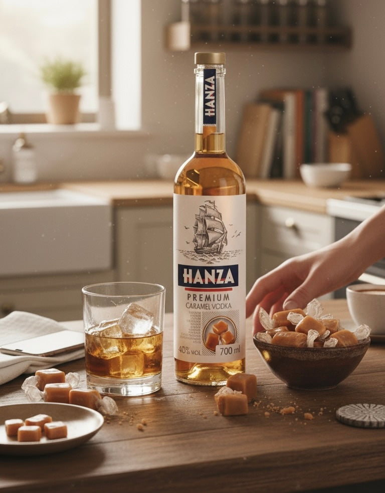 Hanza Karamell Wodka Flasche und Glas mit Eis. Auf einem Holztisch stehen Küchenutensilien. Helle, natürliche Szene.