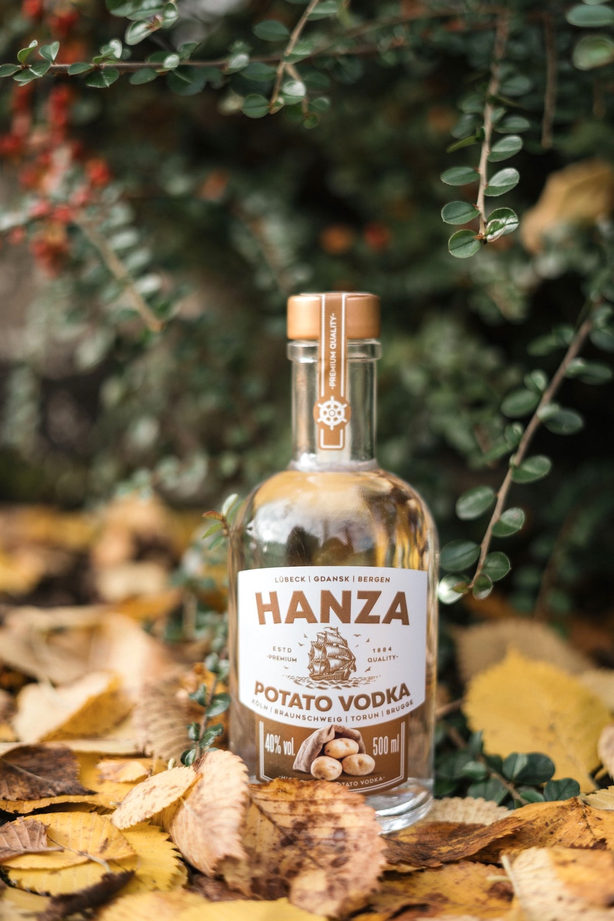 Hanza Potato Vodka Flasche mit herbstlichen Blättern und grünen Ranken dekoriert. 500 ml, 40% Vol.