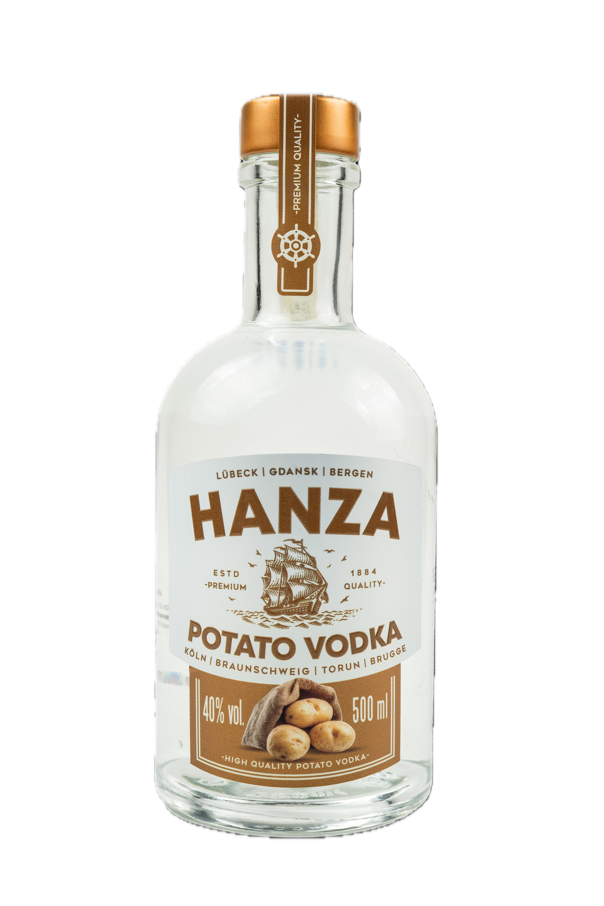 Hanza Potato Vodka 40% Vol, 500 ml. Weiße Flasche mit braunem Etikett, das ein Segelschiff und Kartoffeln zeigt.