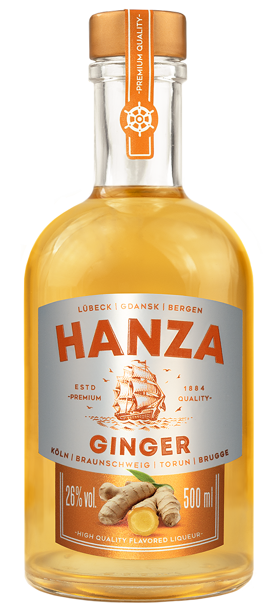 Transparente Flasche Hanza Ingwer Likör, 26% vol., 500ml. Orangefarbenes Etikett mit Segelschiff und Ingwerwurzel.