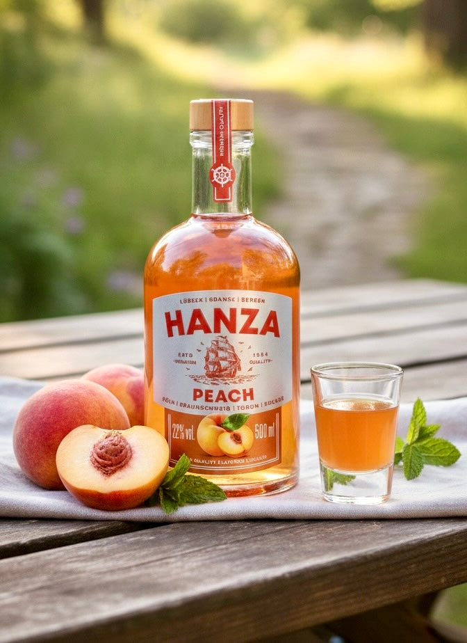 Hanza Pfirsichlikör Flasche 0,5l neben kleinem Shotglas mit Pfirsichen auf Holztisch im Garten bei Sonnenlicht.